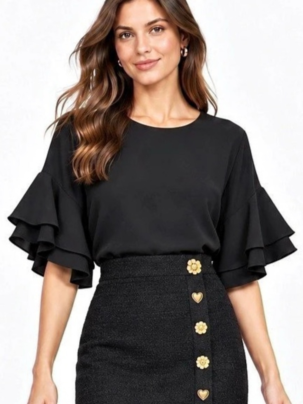 Like New Zara Woman Black Tiered Ruffle Flutter Sleeve Blouse XS